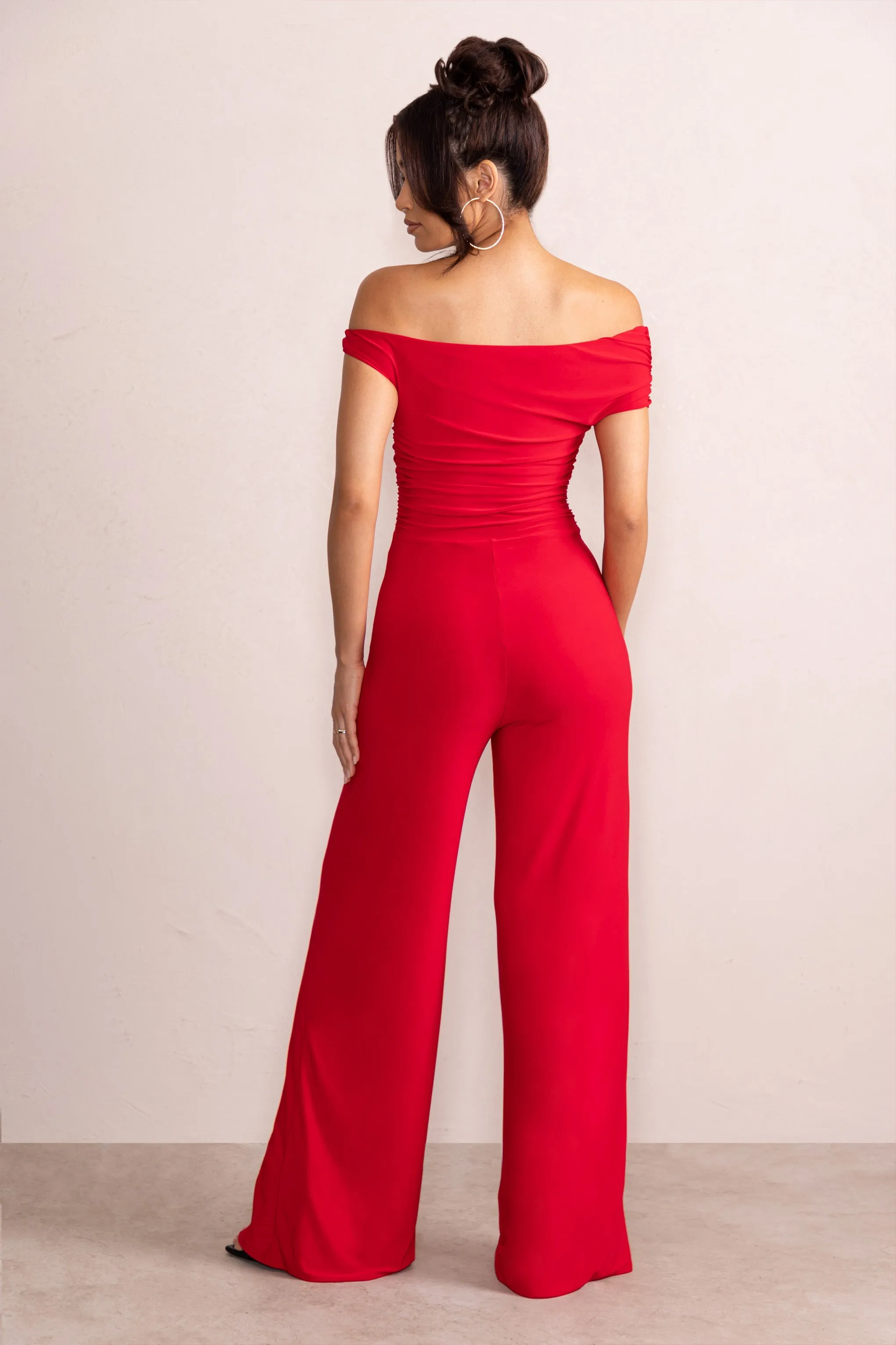 Avery | Red Asymmetric Bardot Ruched Jumpsuit With Wide Leg