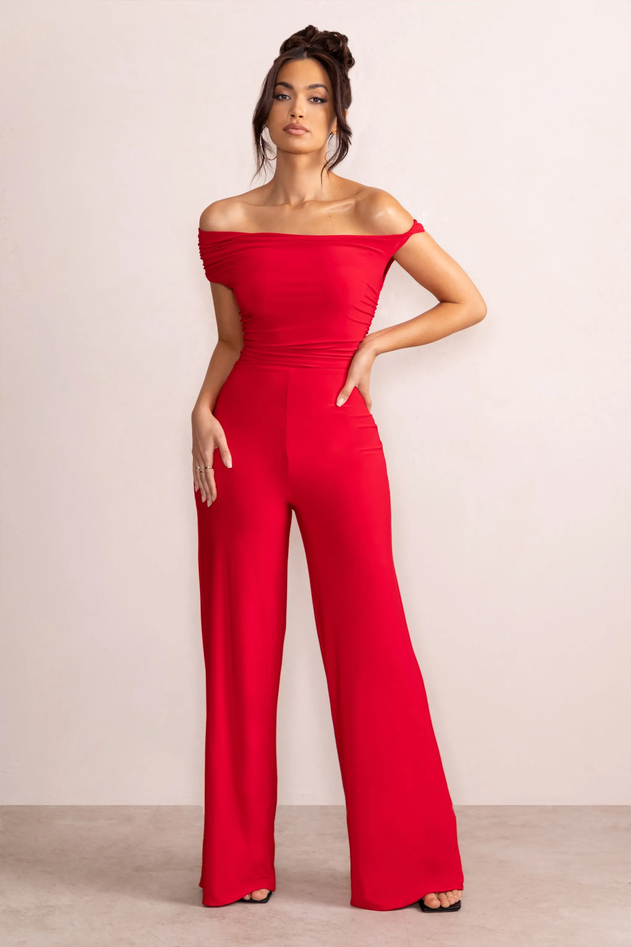 Avery | Red Asymmetric Bardot Ruched Jumpsuit With Wide Leg