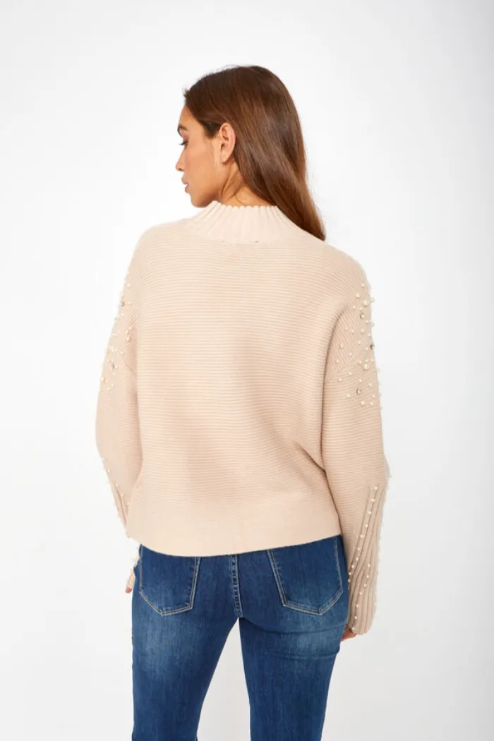 Beige Knit Sweater with Pearl and Crystal Embellishment