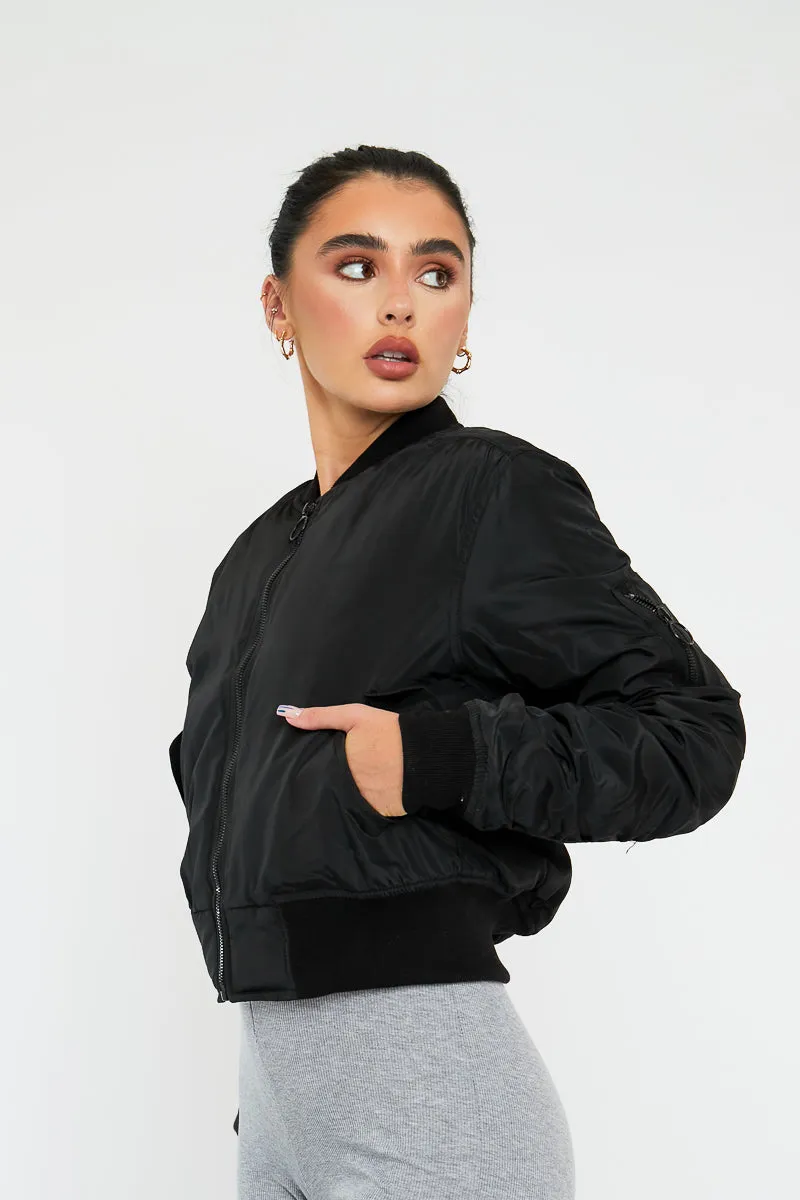 Black Zip Front Bomber Jacket - Jiya