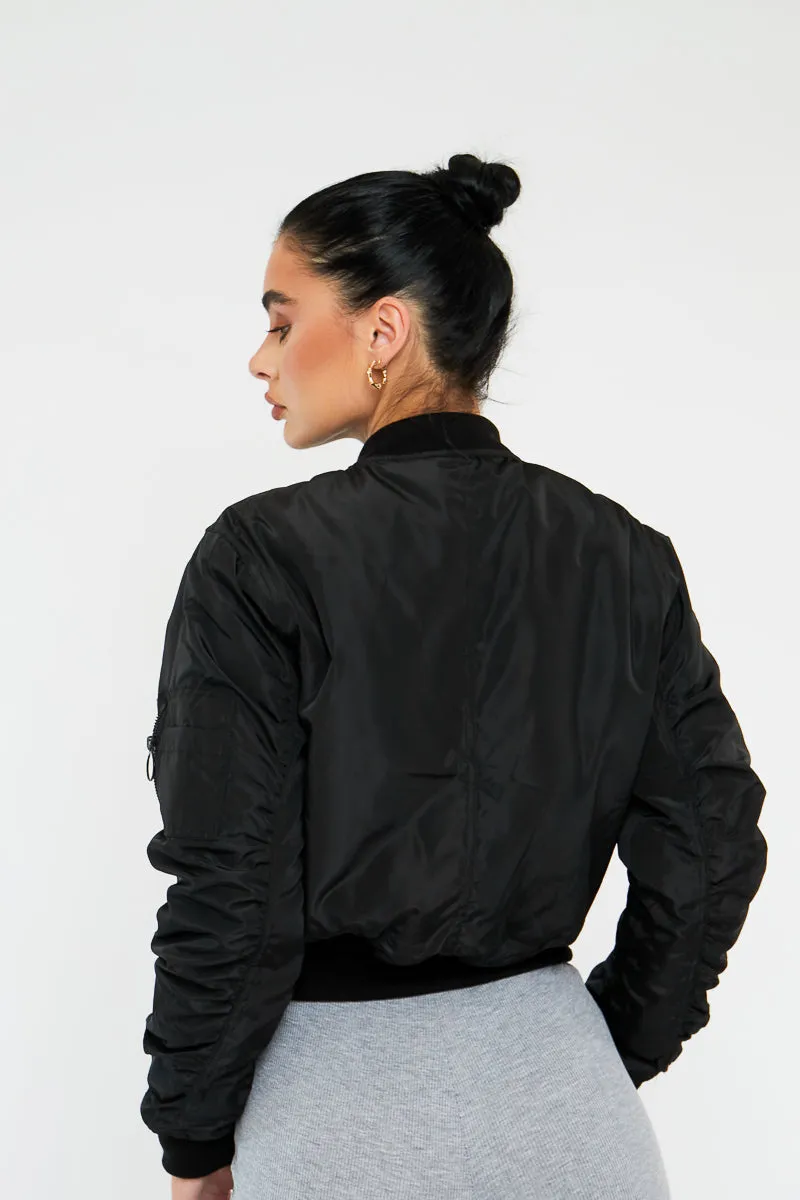 Black Zip Front Bomber Jacket - Jiya