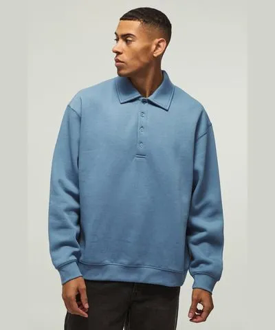 boohoo Mens Oversized Heavyweight Long Sleeve Sweatshirt Polo