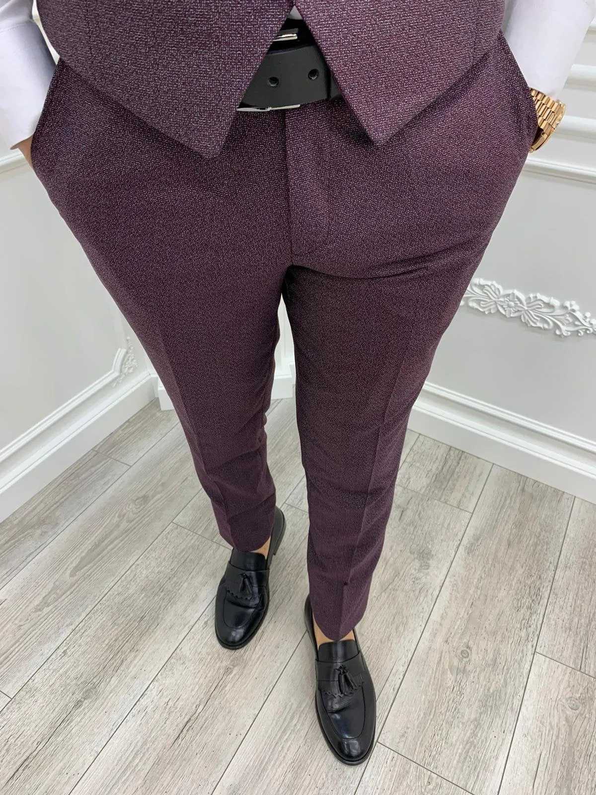 Casatani Claret Red Slim Fit Plaid Suit