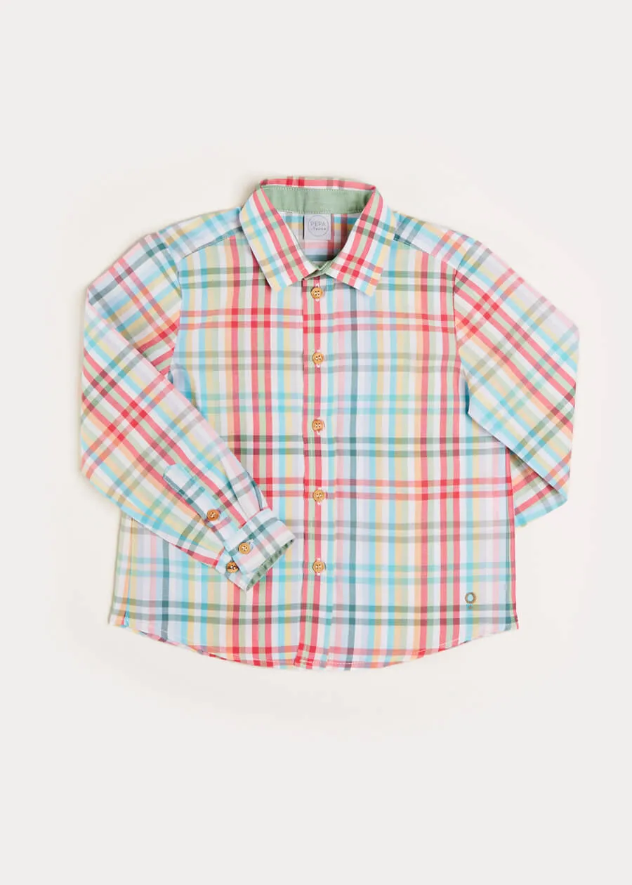 Checked Polo Collar Long Sleeve Shirt in Blue (12mths-10yrs)