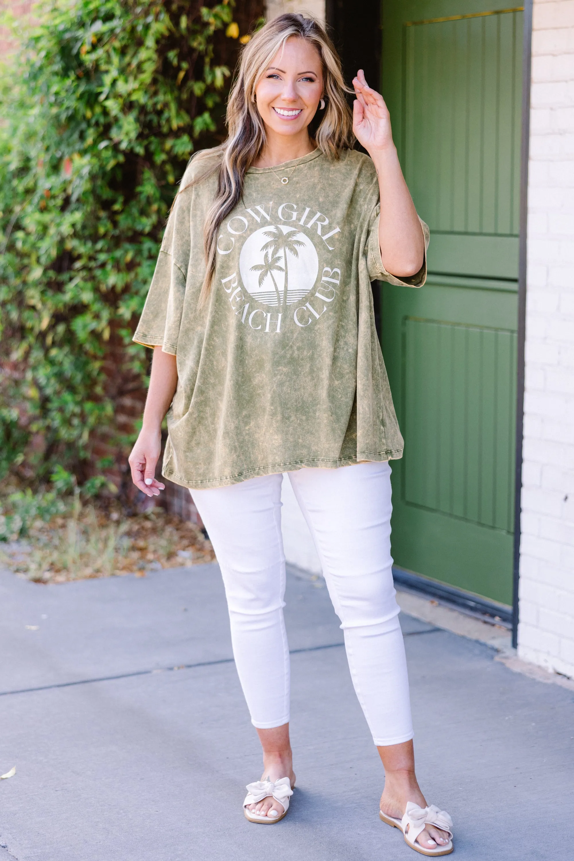 Cowgirl Club Acid Wash Boyfriend Tee, Golden Olive