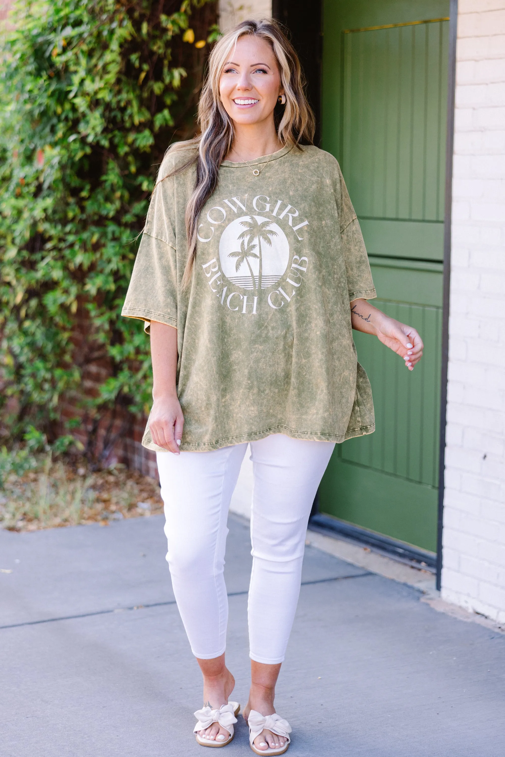 Cowgirl Club Acid Wash Boyfriend Tee, Golden Olive