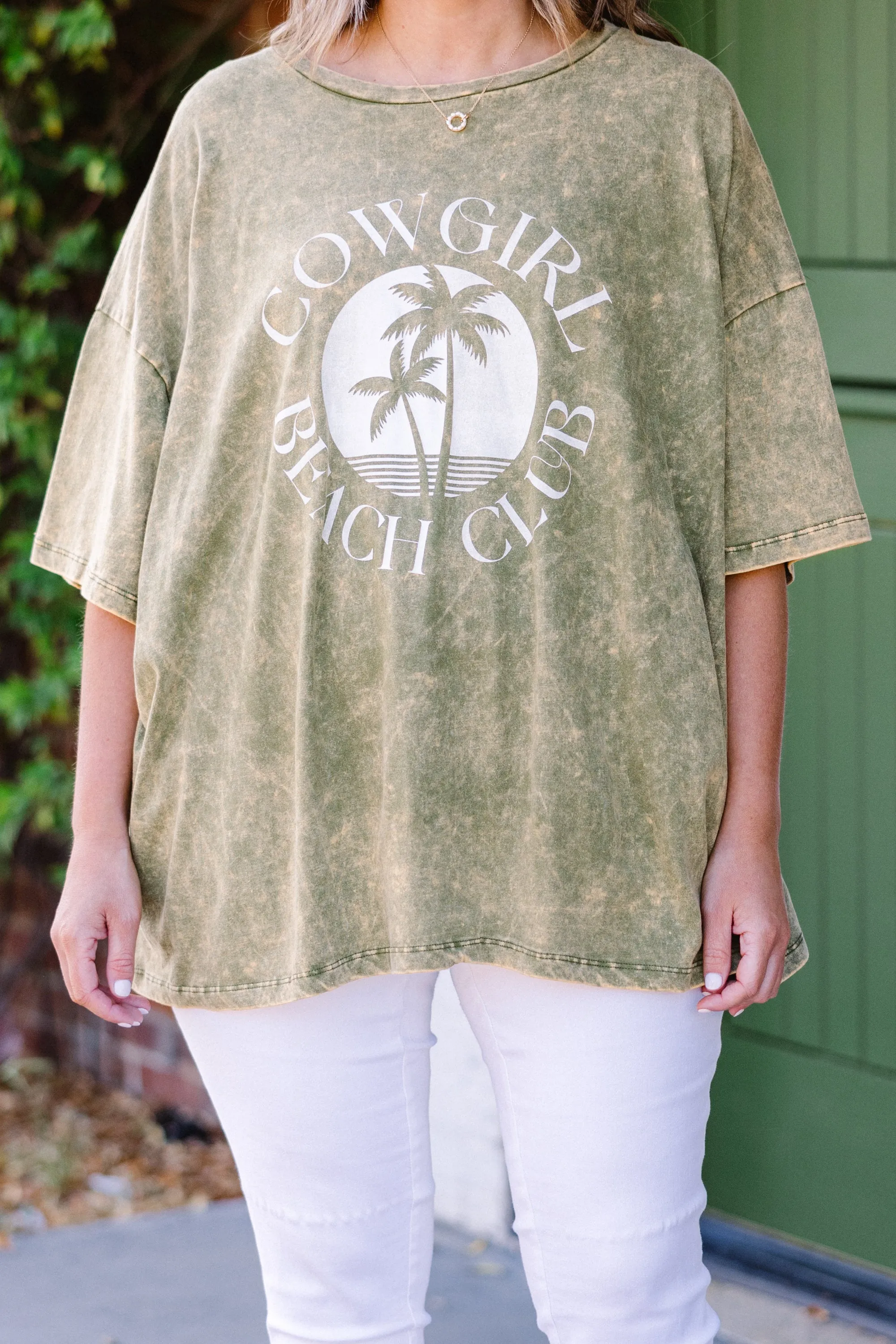 Cowgirl Club Acid Wash Boyfriend Tee, Golden Olive