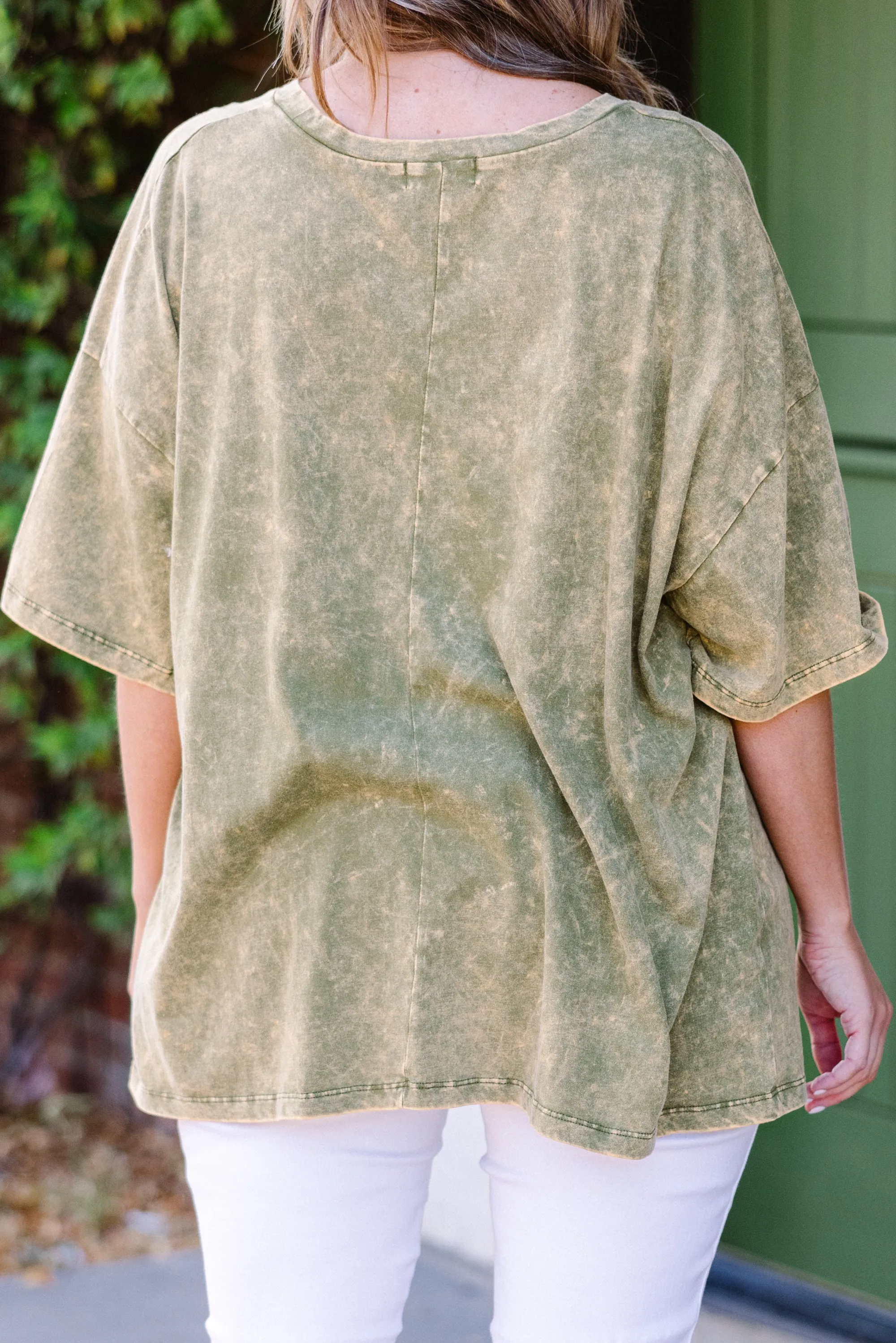 Cowgirl Club Acid Wash Boyfriend Tee, Golden Olive