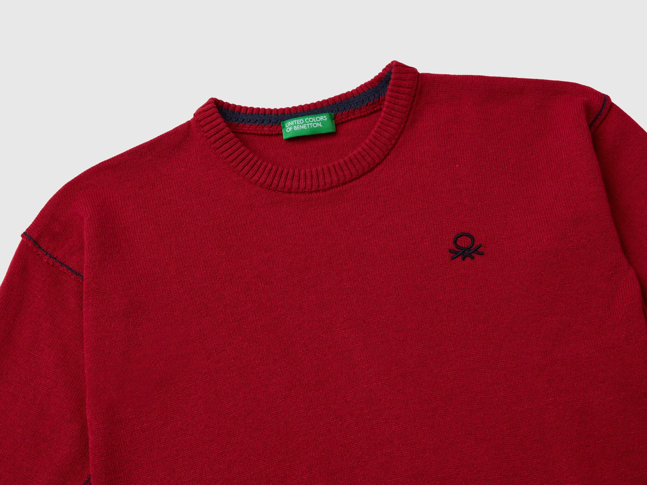 Crew neck sweater with embroidery - Red | Benetton