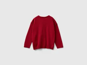 Crew neck sweater with embroidery - Red | Benetton