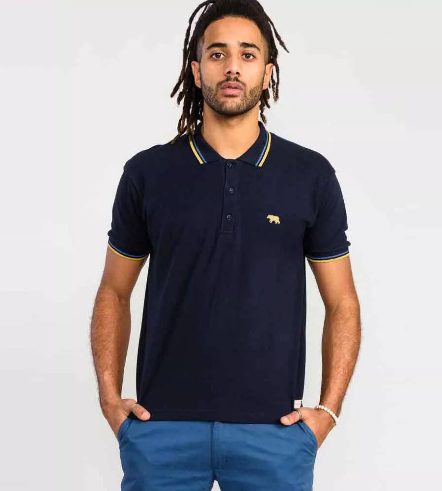 D555 Mens Navy Polo Shirt With Colour Rib Tipping On Collar and Cuffs (HAMFORD 1)