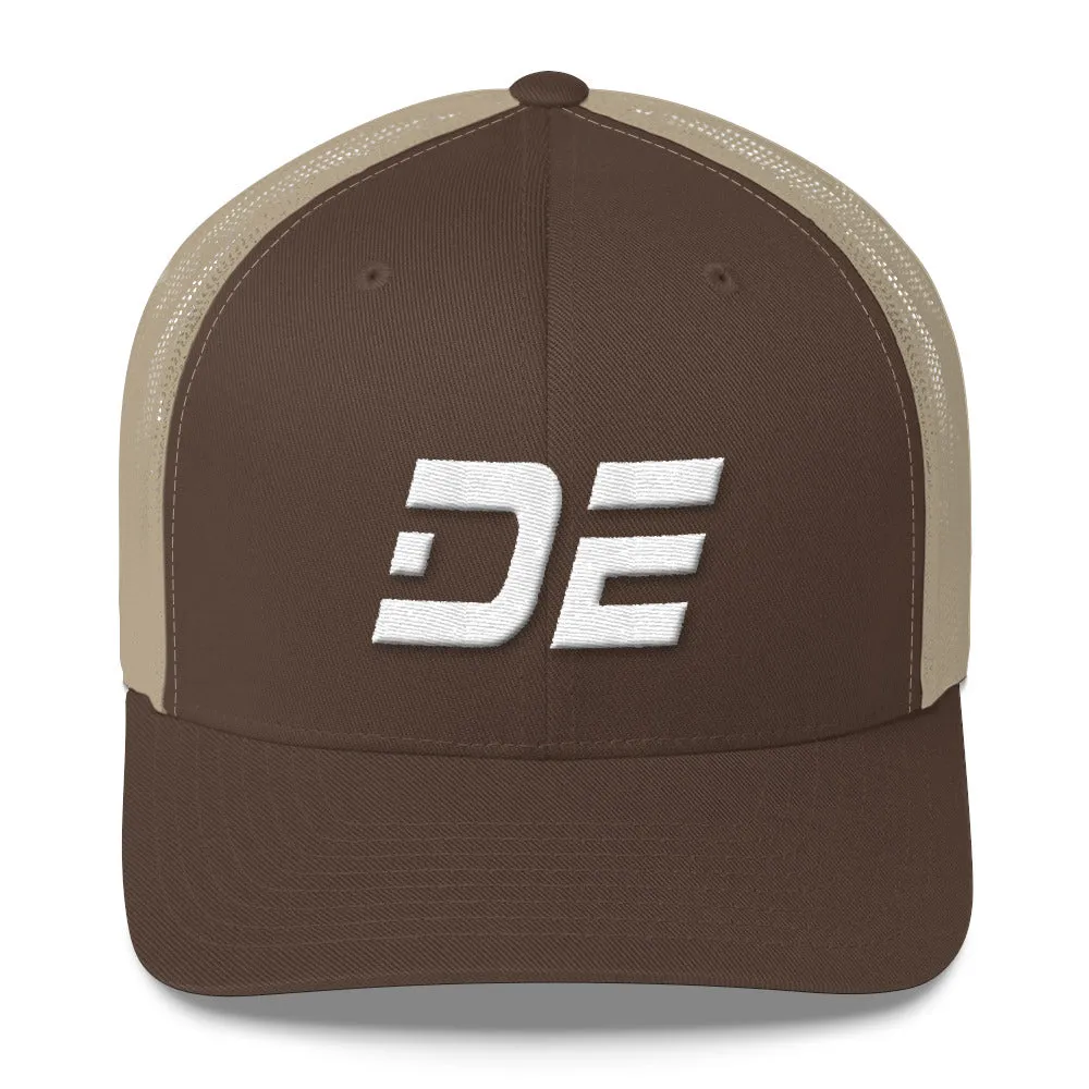 Delaware - Mesh Back Trucker Cap - White Embroidery - DE - Many Hat Color Options Available