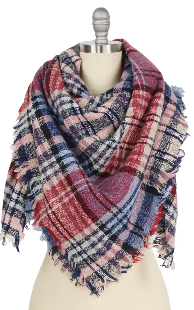 EAS9781 Plaid Square Blanket Scarf w/Frayed Edge