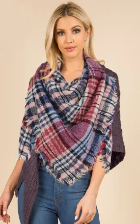 EAS9781 Plaid Square Blanket Scarf w/Frayed Edge