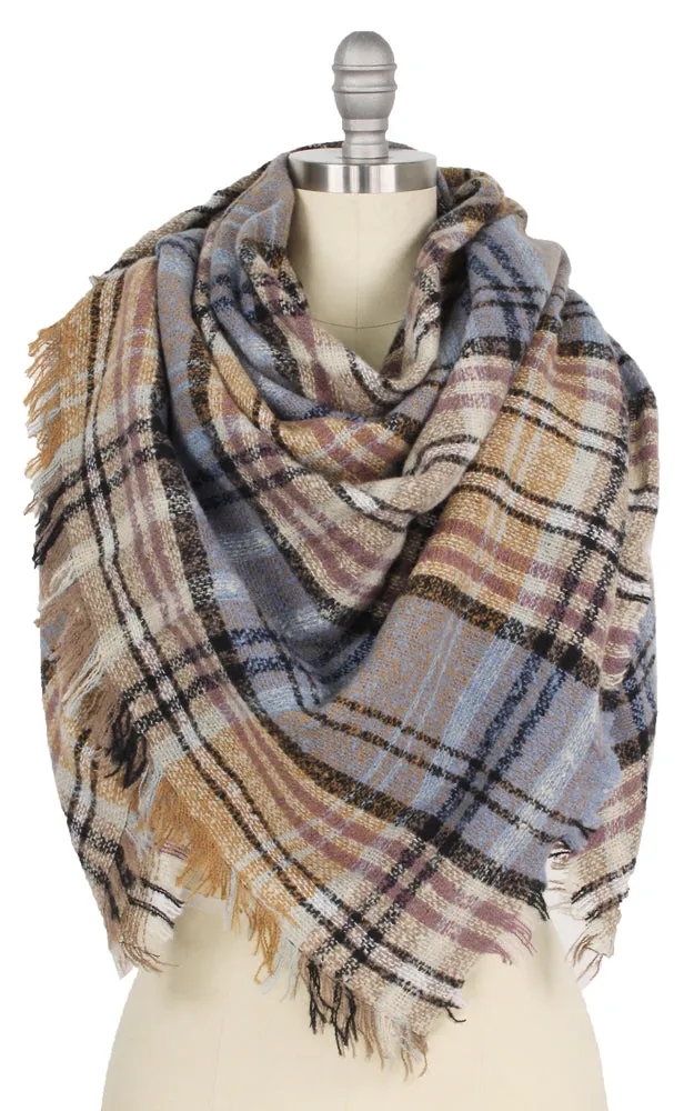 EAS9781 Plaid Square Blanket Scarf w/Frayed Edge