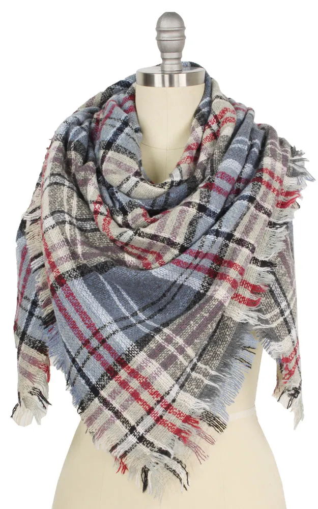 EAS9781 Plaid Square Blanket Scarf w/Frayed Edge