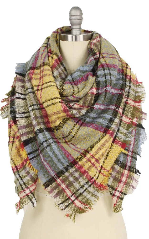 EAS9781 Plaid Square Blanket Scarf w/Frayed Edge