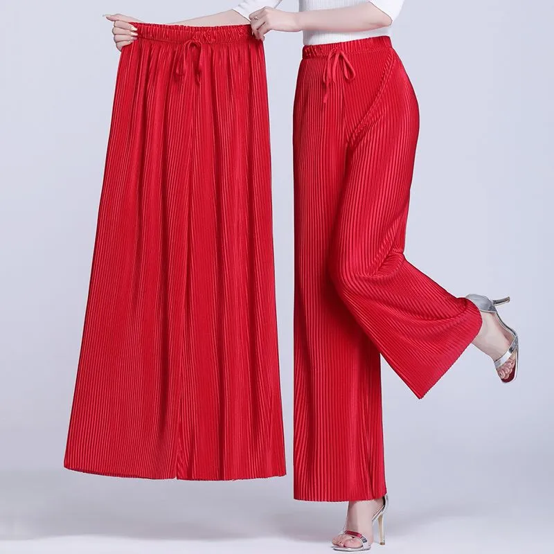 Fashion Solid Pleated Chiffon Wide Leg Pants Female