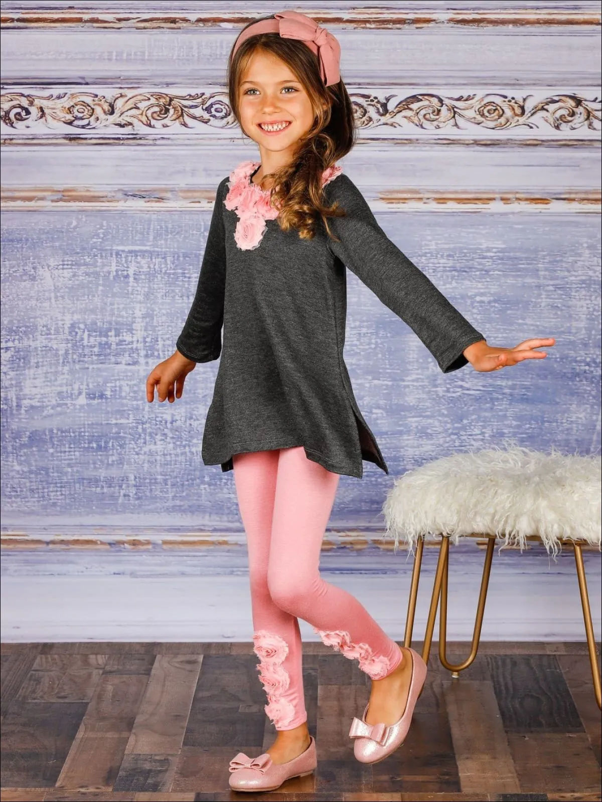 Girls Grey V-Neck Rose Collar Long Sleeve Tunic And Pink Leggings