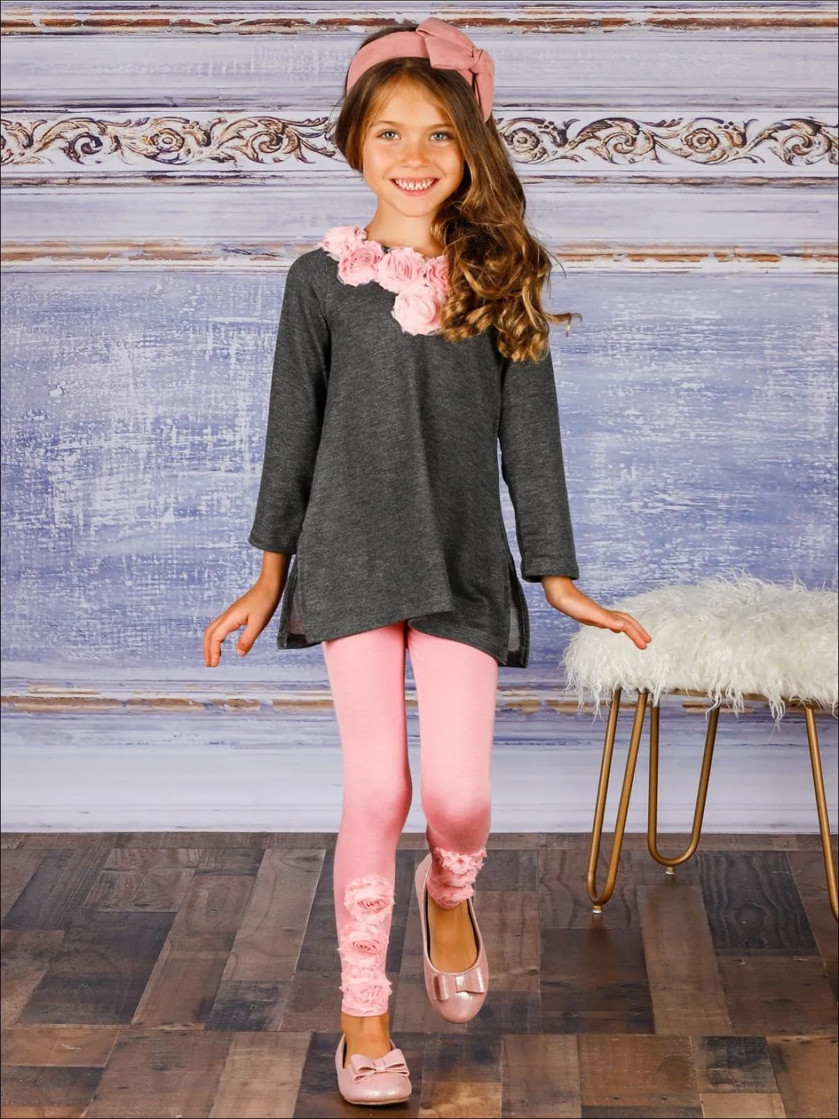 Girls Grey V-Neck Rose Collar Long Sleeve Tunic And Pink Leggings