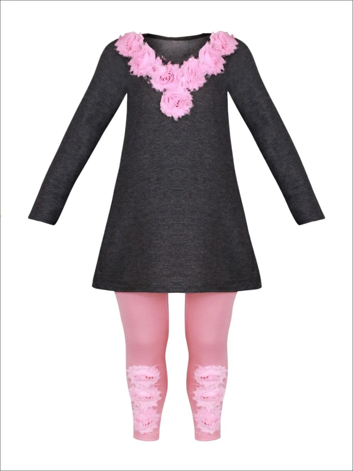 Girls Grey V-Neck Rose Collar Long Sleeve Tunic And Pink Leggings