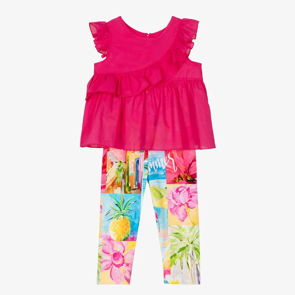 Girls Pink Cotton Tropical Leggings Set