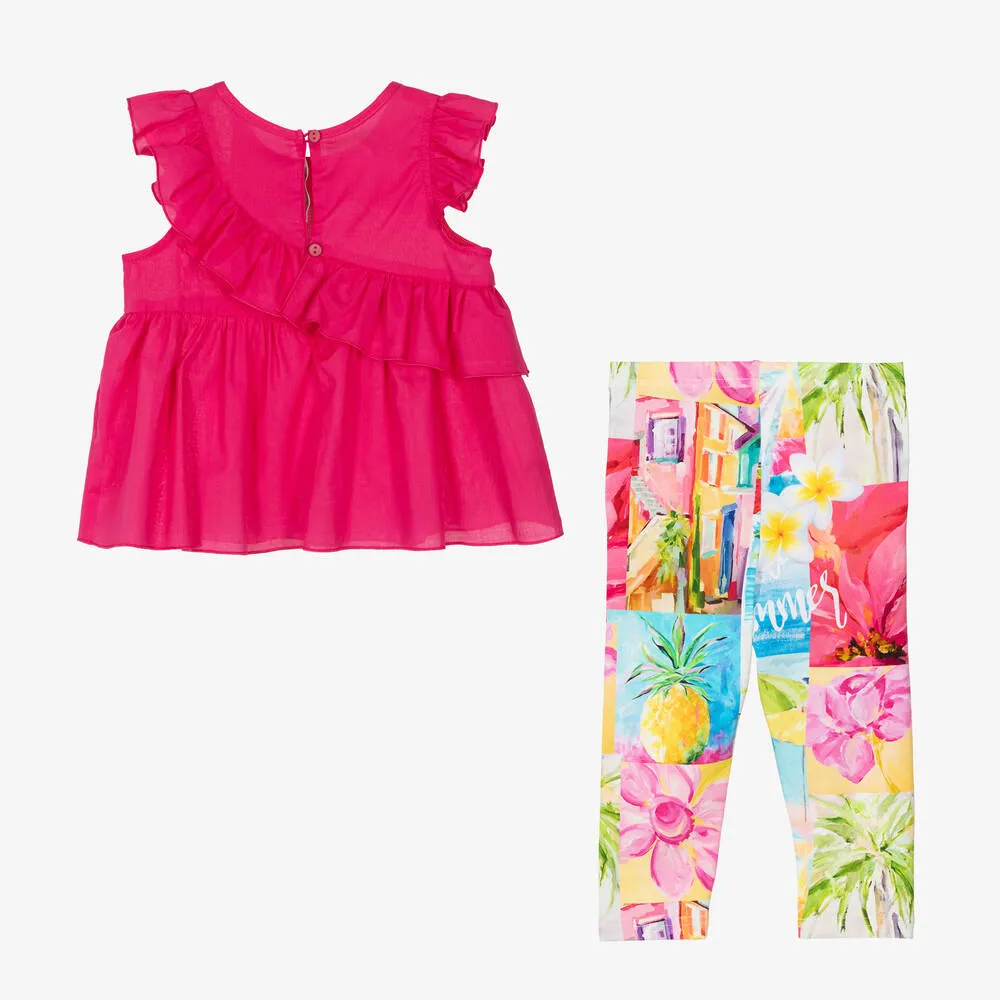 Girls Pink Cotton Tropical Leggings Set