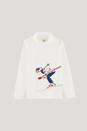 Girl's White With Ski Girl Print Long Sleeves Turtle Neck Tshirt