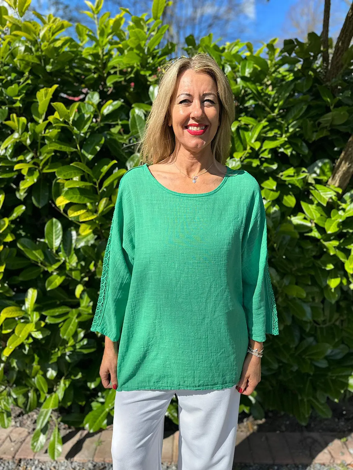 Green Crochet Sleeve Lightweight Top Cleo