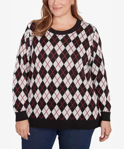 Hearts Of Palm Plus Size Red-y To Shine Argyle Sweater