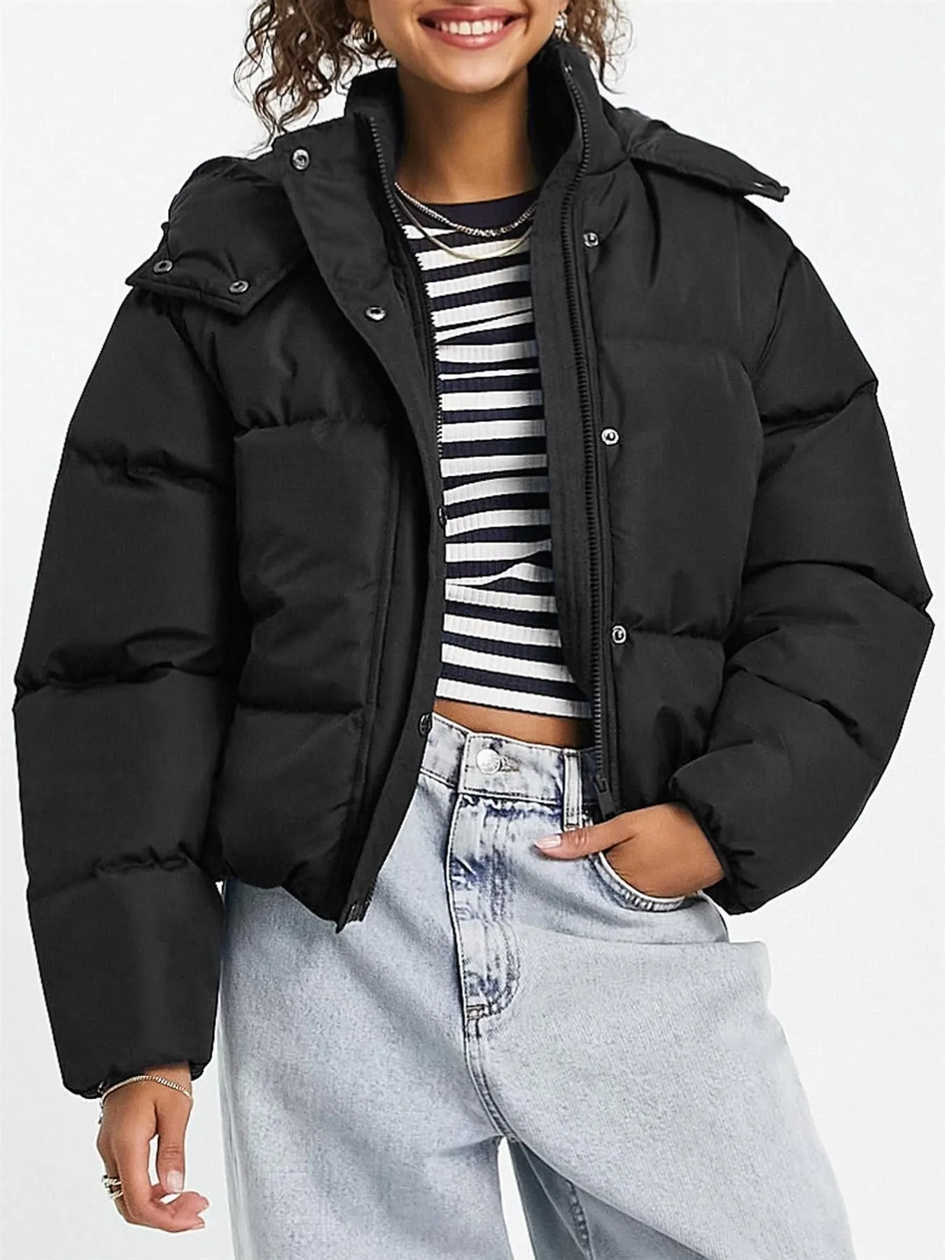 Hooded Puffer Jacket, Black, Cream, UK Sizes 8 to 16