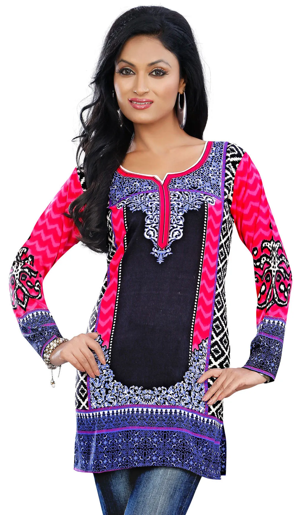 Indian Tunics Long Kurti Top Blouse Womens India Apparel (Pink)