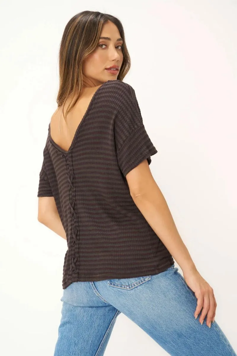 Isadora Back Lace Up Striped Rib Tee