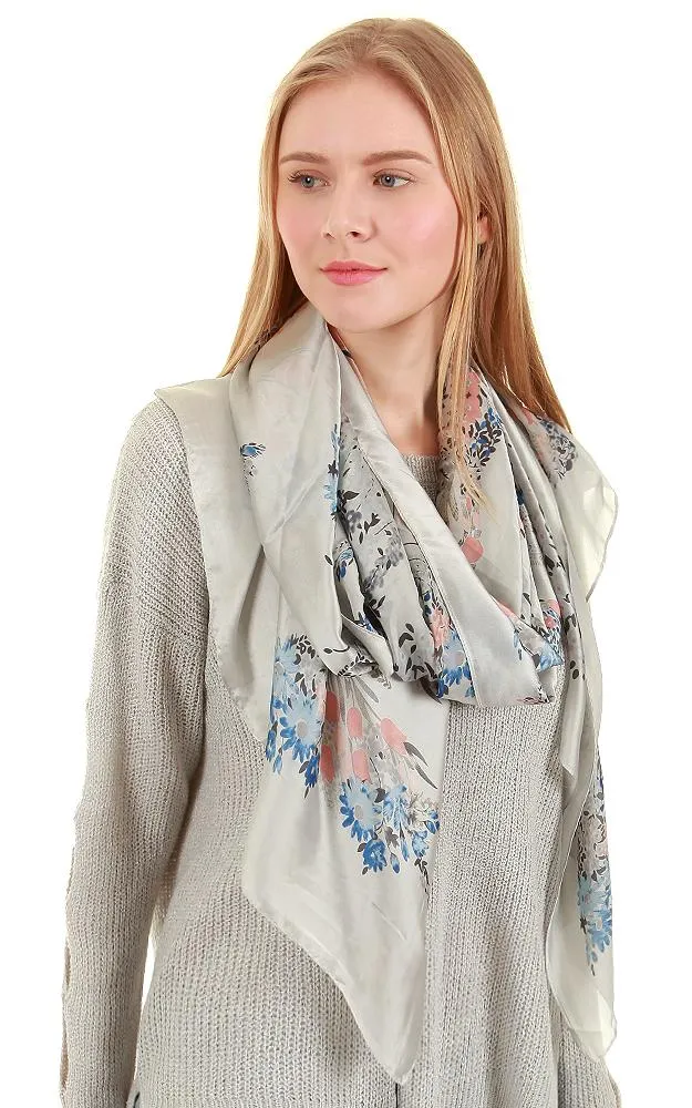 JC020520 Floral Print Silk Blended Scarf