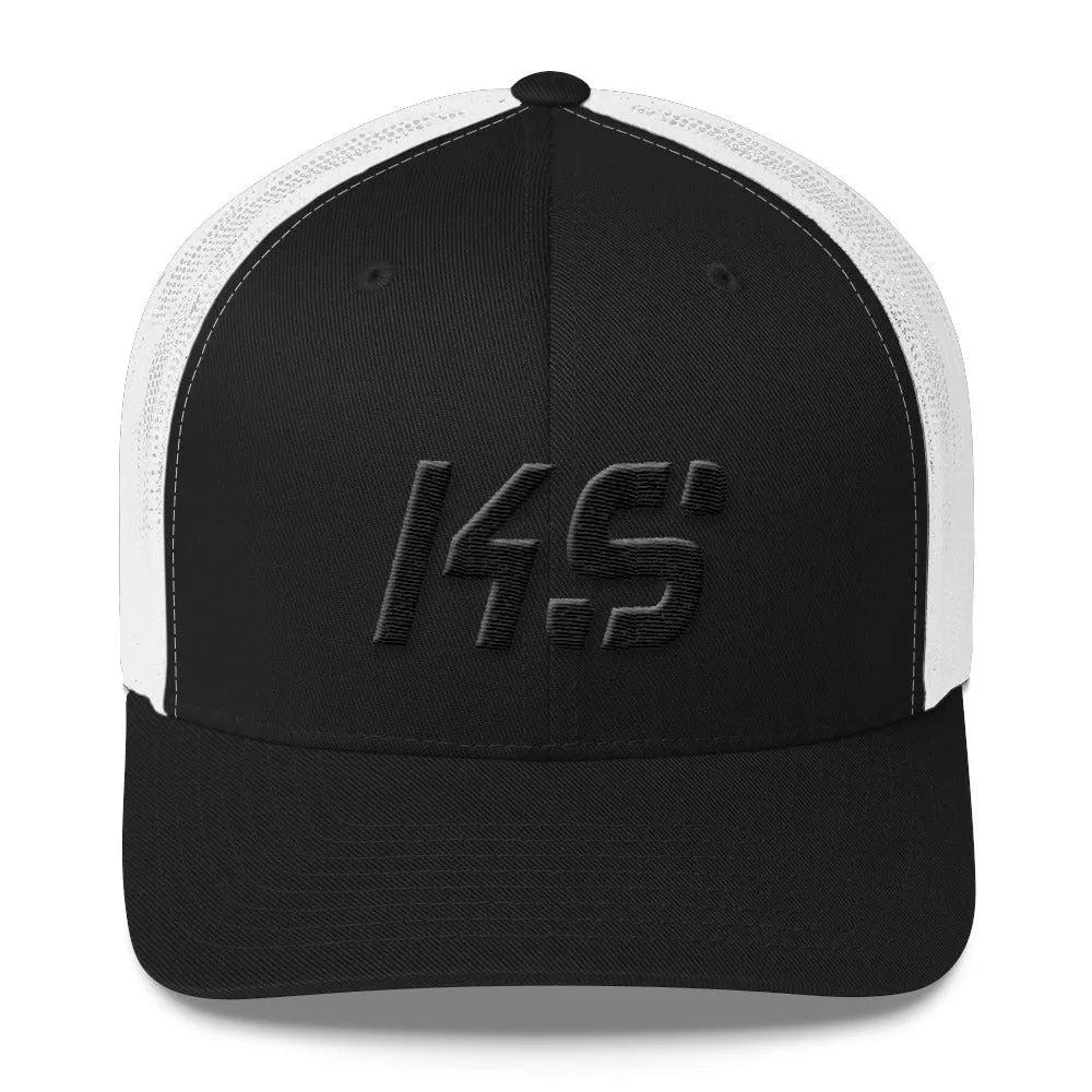 Kansas - Mesh Back Trucker Cap - Black Embroidery - KS - Many Hat Color Options Available