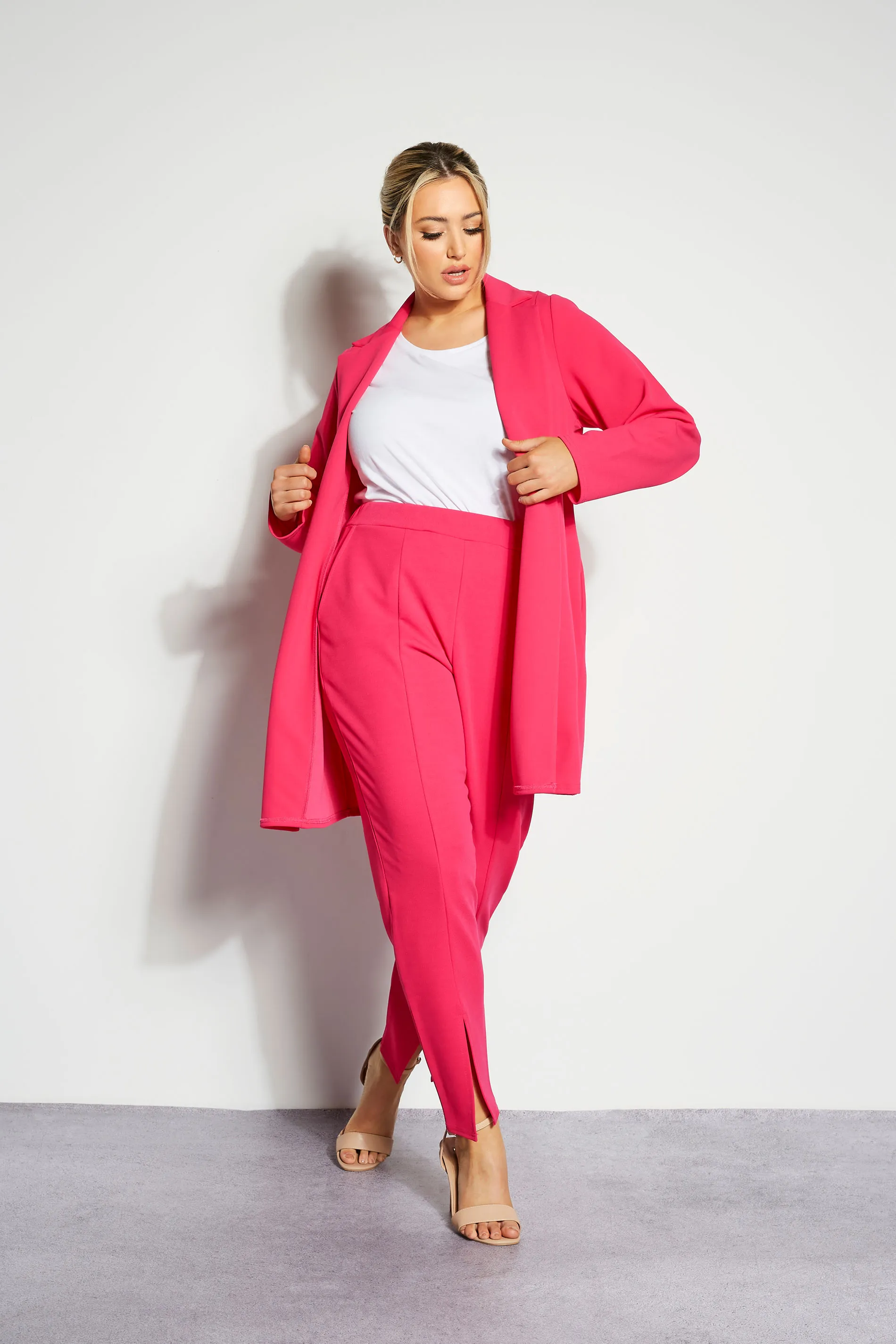 LIMITED COLLECTION Curve Hot Pink Split Hem Stretch Tapered Trousers