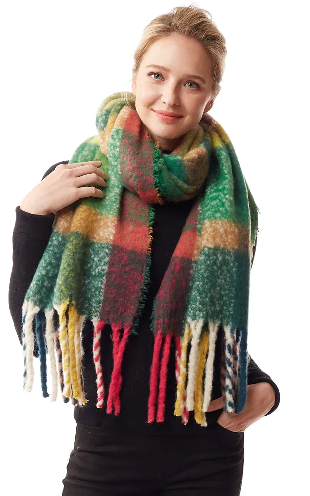 LOF1239 Colorful Plaid Fuzzy Oblong Scarf w/Fringes