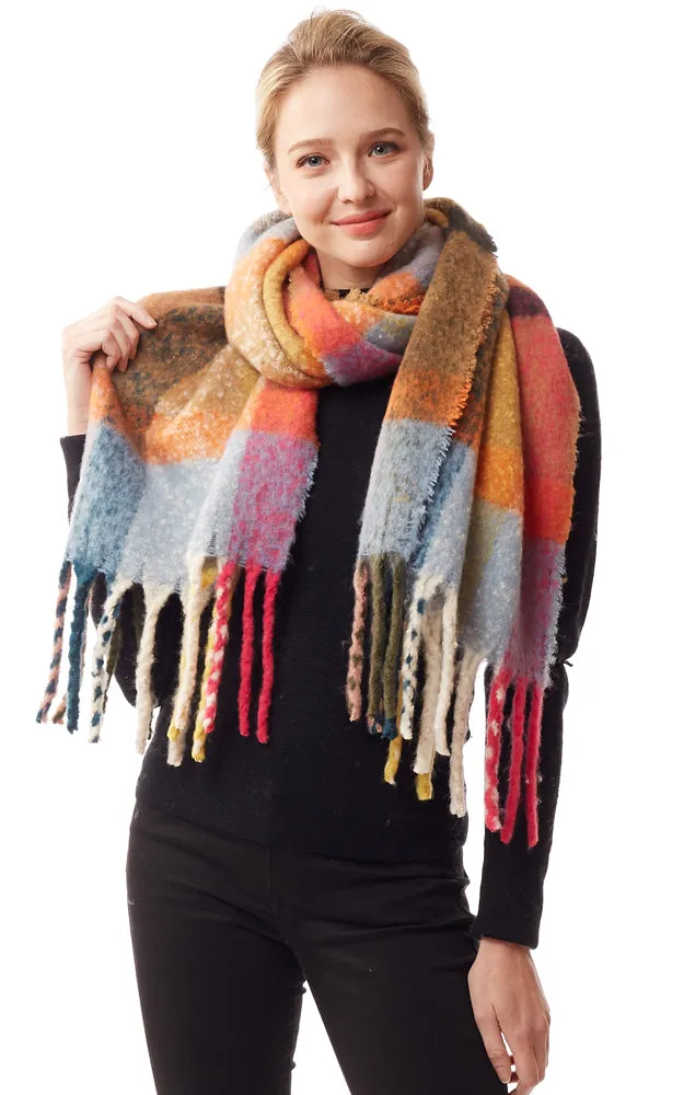 LOF1239 Colorful Plaid Fuzzy Oblong Scarf w/Fringes