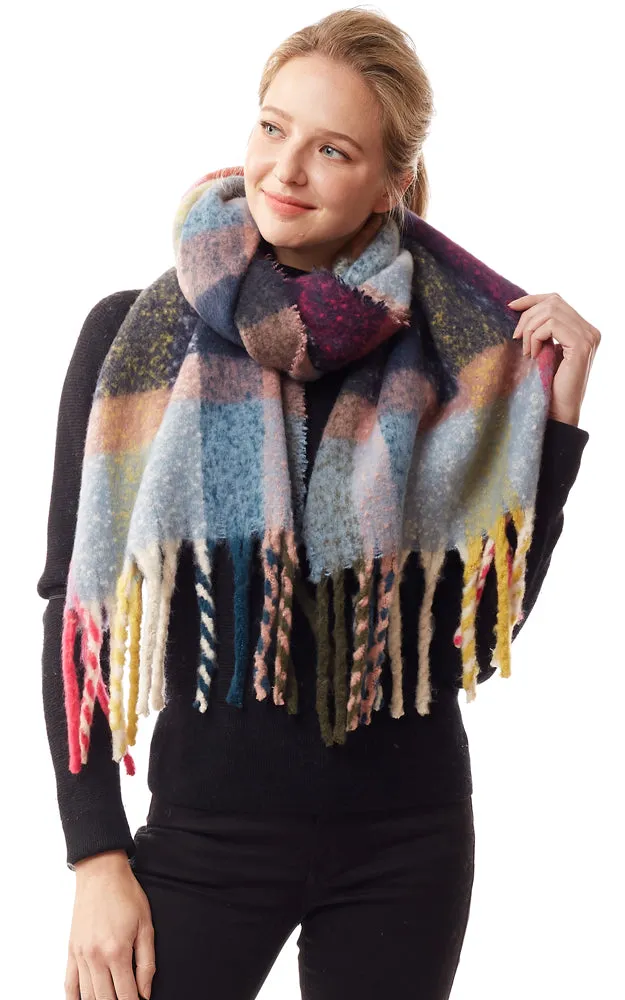 LOF1239 Colorful Plaid Fuzzy Oblong Scarf w/Fringes