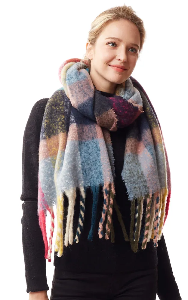 LOF1239 Colorful Plaid Fuzzy Oblong Scarf w/Fringes