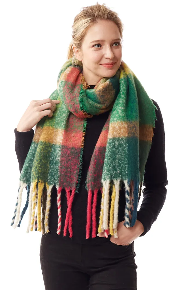 LOF1239 Colorful Plaid Fuzzy Oblong Scarf w/Fringes