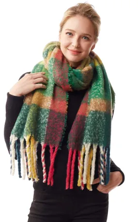 LOF1239 Colorful Plaid Fuzzy Oblong Scarf w/Fringes