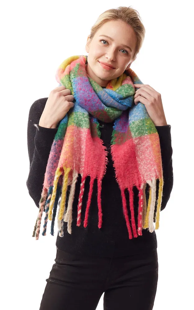 LOF1239 Colorful Plaid Fuzzy Oblong Scarf w/Fringes