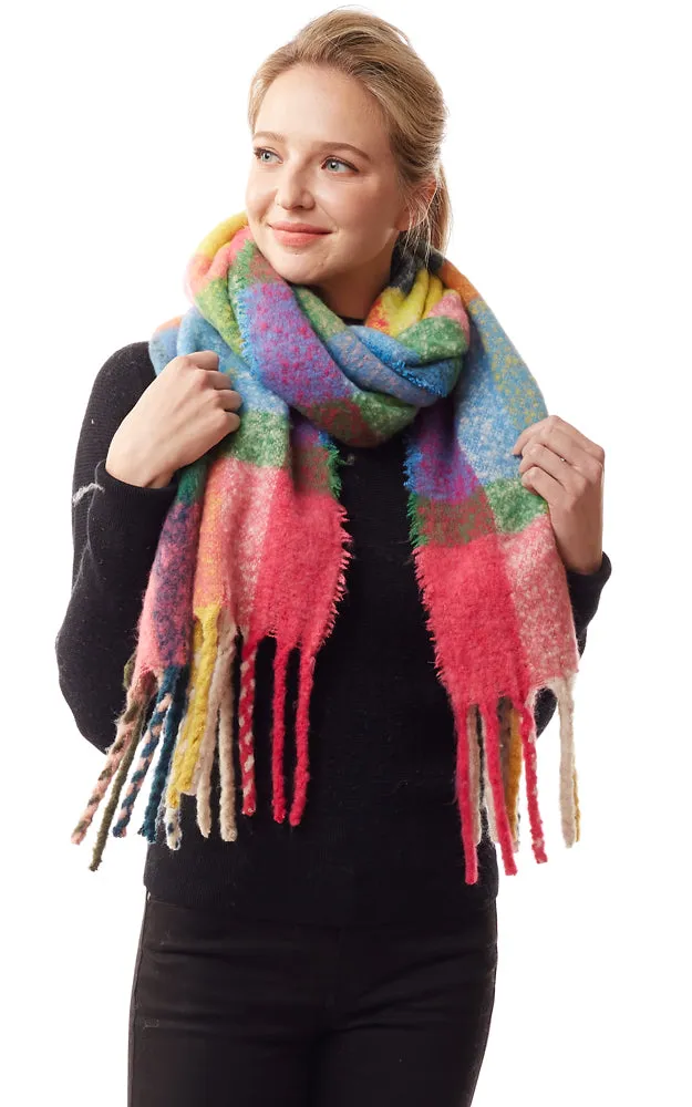 LOF1239 Colorful Plaid Fuzzy Oblong Scarf w/Fringes