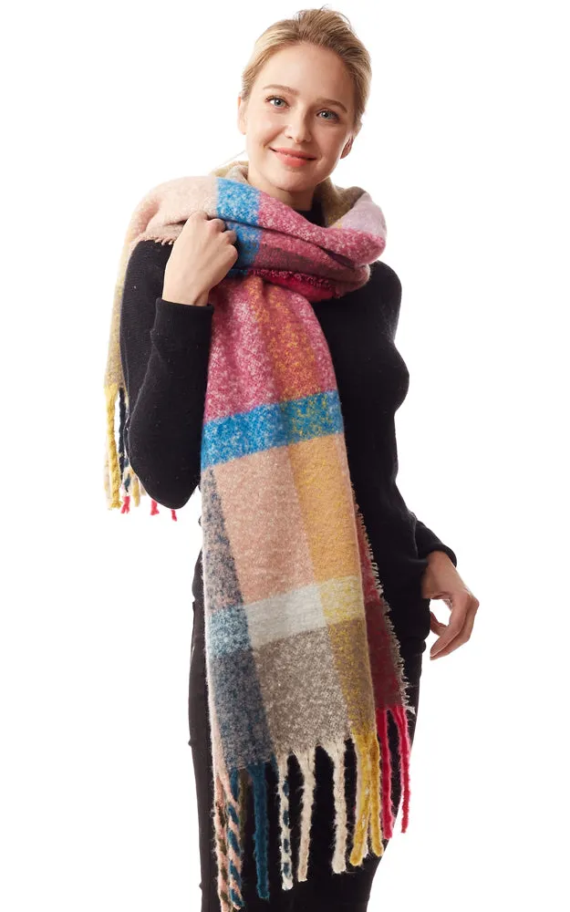 LOF1239 Colorful Plaid Fuzzy Oblong Scarf w/Fringes