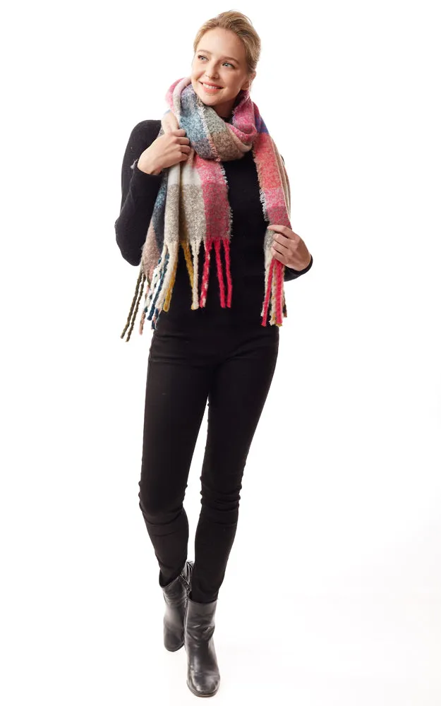 LOF1239 Colorful Plaid Fuzzy Oblong Scarf w/Fringes