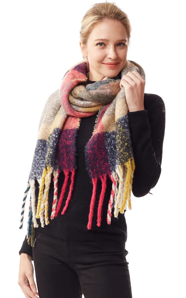 LOF1239 Colorful Plaid Fuzzy Oblong Scarf w/Fringes