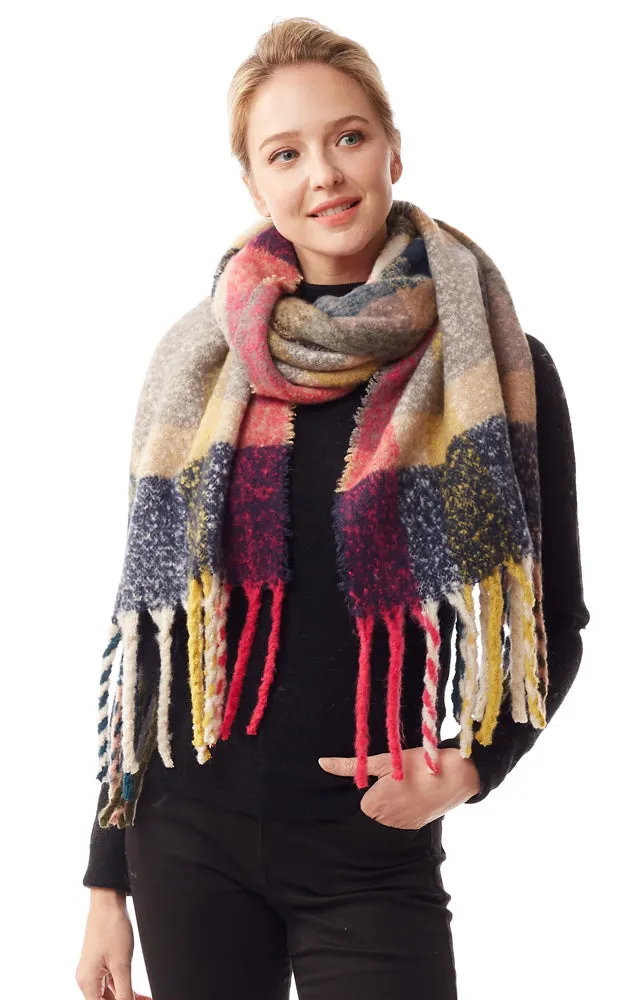 LOF1239 Colorful Plaid Fuzzy Oblong Scarf w/Fringes