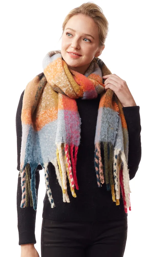 LOF1239 Colorful Plaid Fuzzy Oblong Scarf w/Fringes