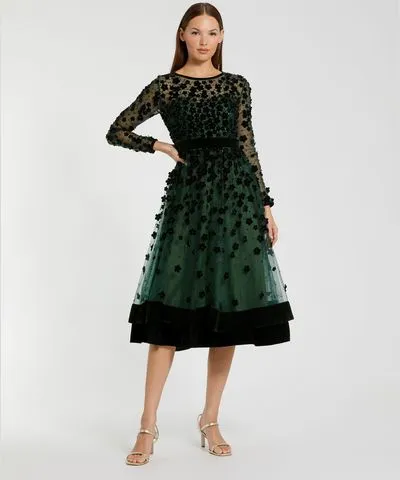 Mac Duggal Green Embellished Illusion High Neck Long Sleeve Fit & Flare Wedding Guest Dress In